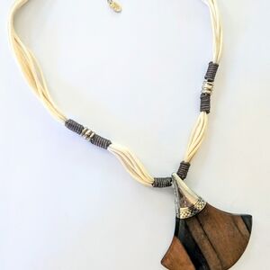 Signed CLAUDE DASQUE Sterling Silver Polished Wood & Cord Pendant Necklace 15-17